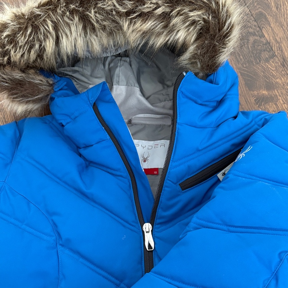 Spyder Kids Bright Blue Faux Fur-Trim Hooded Puffer Jacket